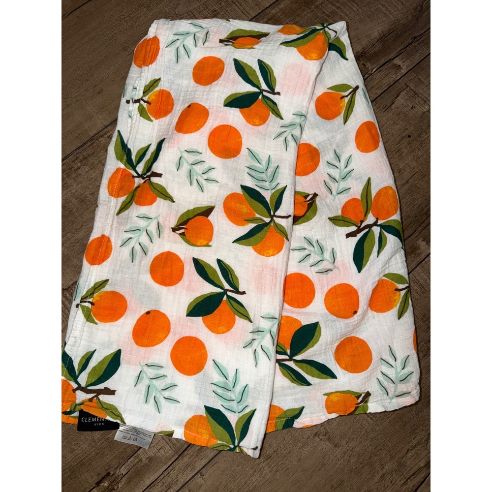 Clementine Kids Muslin Swaddle Blanket Fruit Print 100% Cotton White 46x46